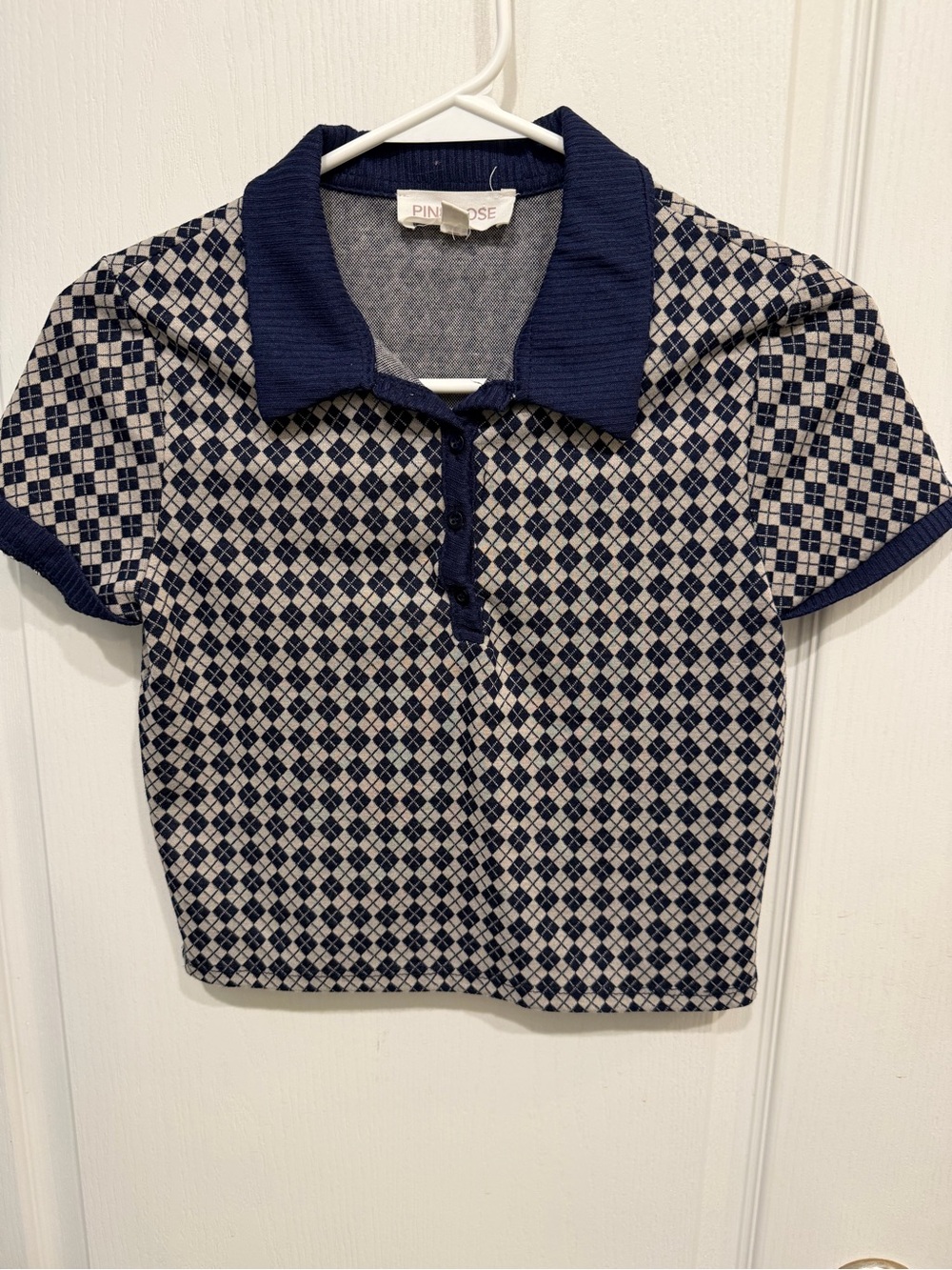Pink Rose Women’s S Navy Taupe Geometric Knit Cropped Polo Shirt Retro Preppy